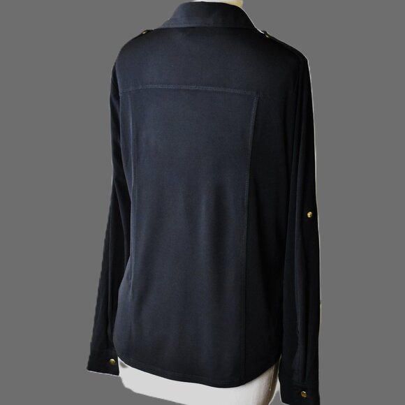 ANNE KLEIN Top Blouse M Black Zip Front Snap Sleeves Front Pockets BIN 3 - Picture 4 of 6